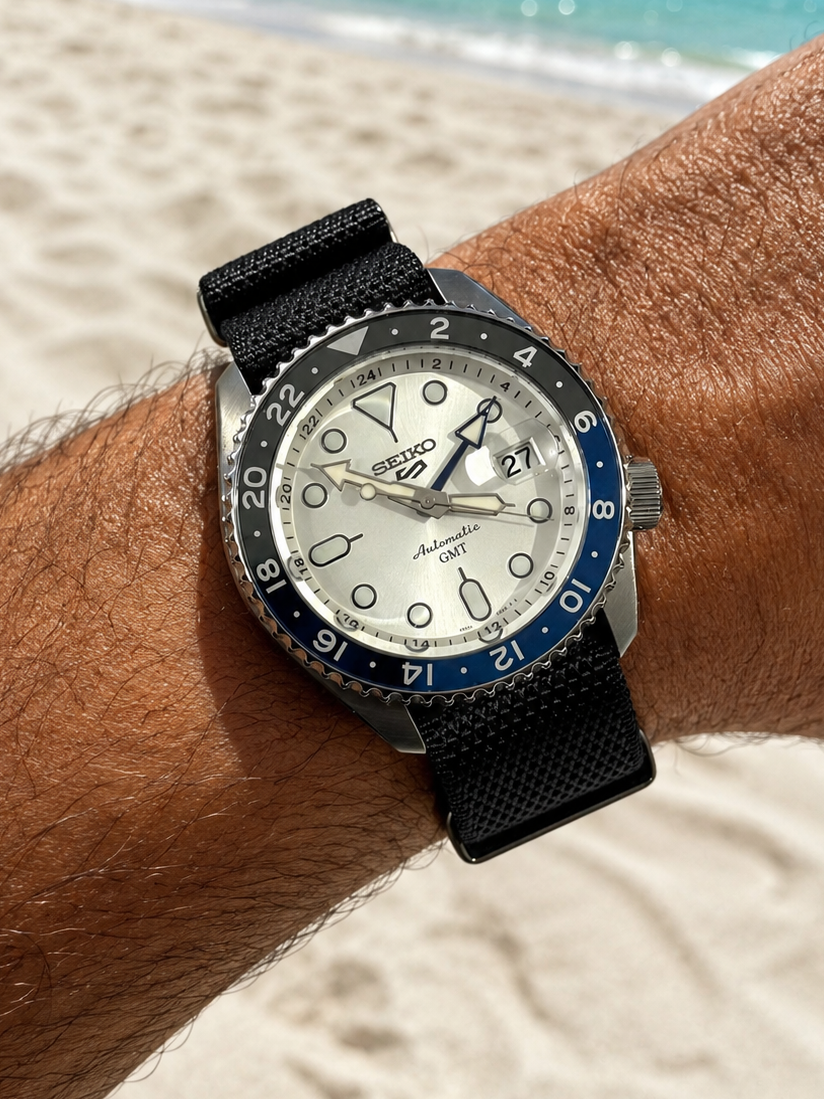 Masar premium black NATO watch strap in durable nylon on a men's wrist, Seiko luxury everyday watch band.