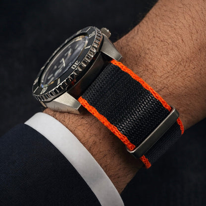 Bracelet de Montre NATO Nylon Noir / Orange / Boucle Satin - Homme