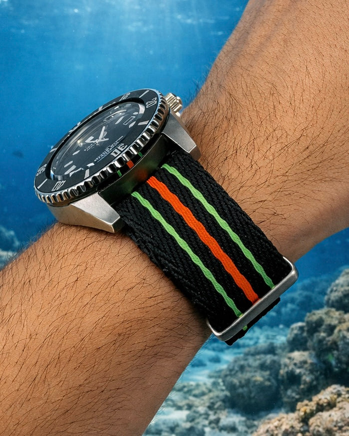 Masar Bracelet de Montre Nato Noir Orange Vert Fluo - Nylon tressé 20mm 22mm
