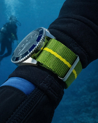 Masar Cinturino per Orologio NATO Nylon Verde/Giallo - Fibbia in Acciaio Spazzolato – Uomo