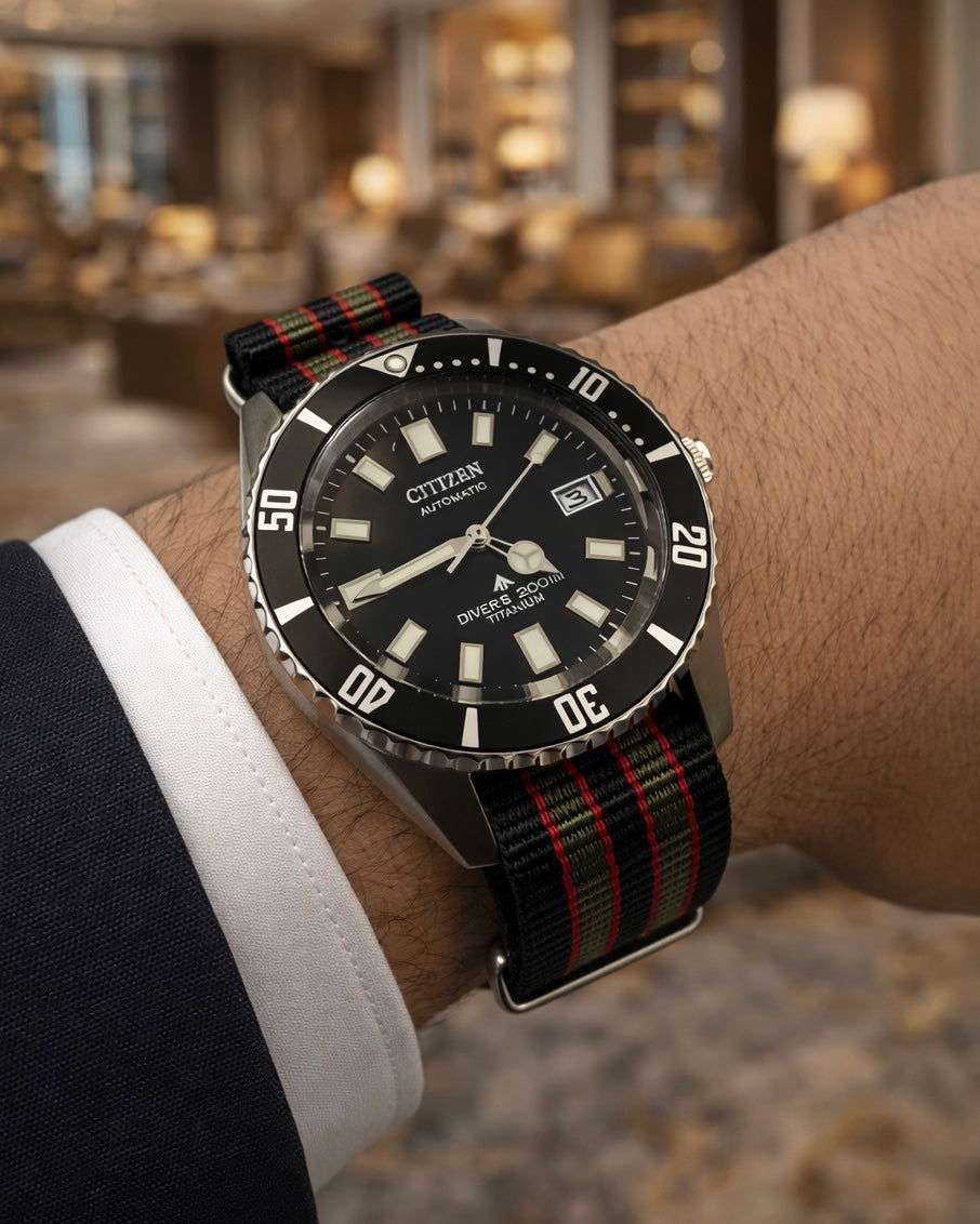 Masar Bracelet de Montre Nato James Bond Nylon Noir Rouge Vert