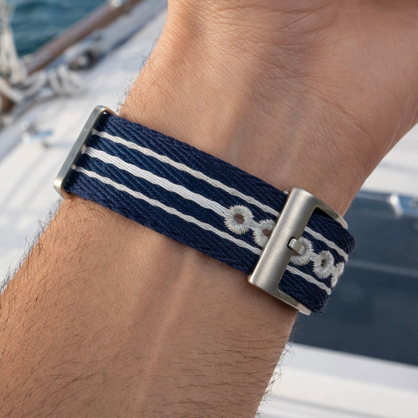 Masar Bracelet montre Nato Bleu Marine Blanc Gris - Nylon tressé 20mm 22mm