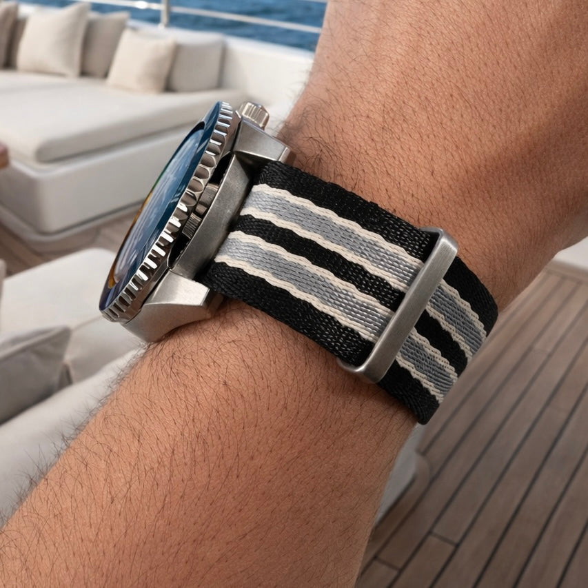 Masar Bracelet Montre Nato James Bond Noir / Gris / Sable - Nylon doux tressé