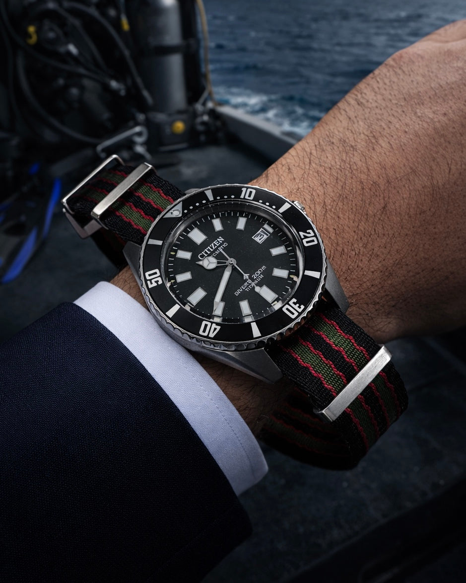 Masar Bracelet Montre Nato James Bond Noir Rouge Vert - Nylon doux tressé