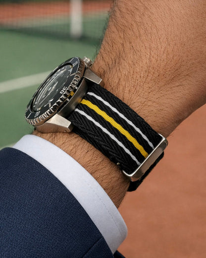 Masar Bracelet montre Nato Noir Jaune Blanc - Nylon tressé 20mm 22mm