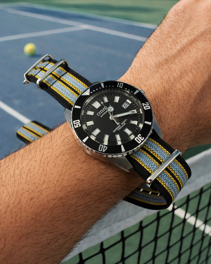 Masar Bracelet montre Nato Noir Jaune Gris - Hybride Tissu Nylon / Silicone