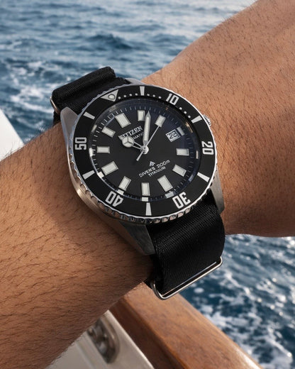 Masar Bracelet montre NATO Nylon Noir / Boucle Satin - Souple - Homme