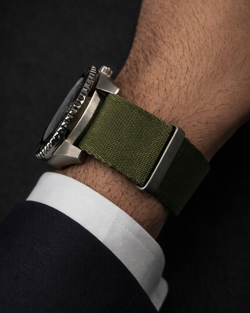 Masar Cinturino per Orologio NATO in Nylon Verde Militare / Fibbia Satinata - Morbido - Uomo