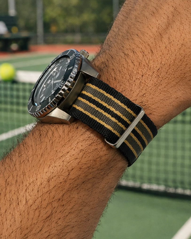 Masar Bracelet Nato 20mm James Bond Noir / Gris / Sable - Nylon doux tressé