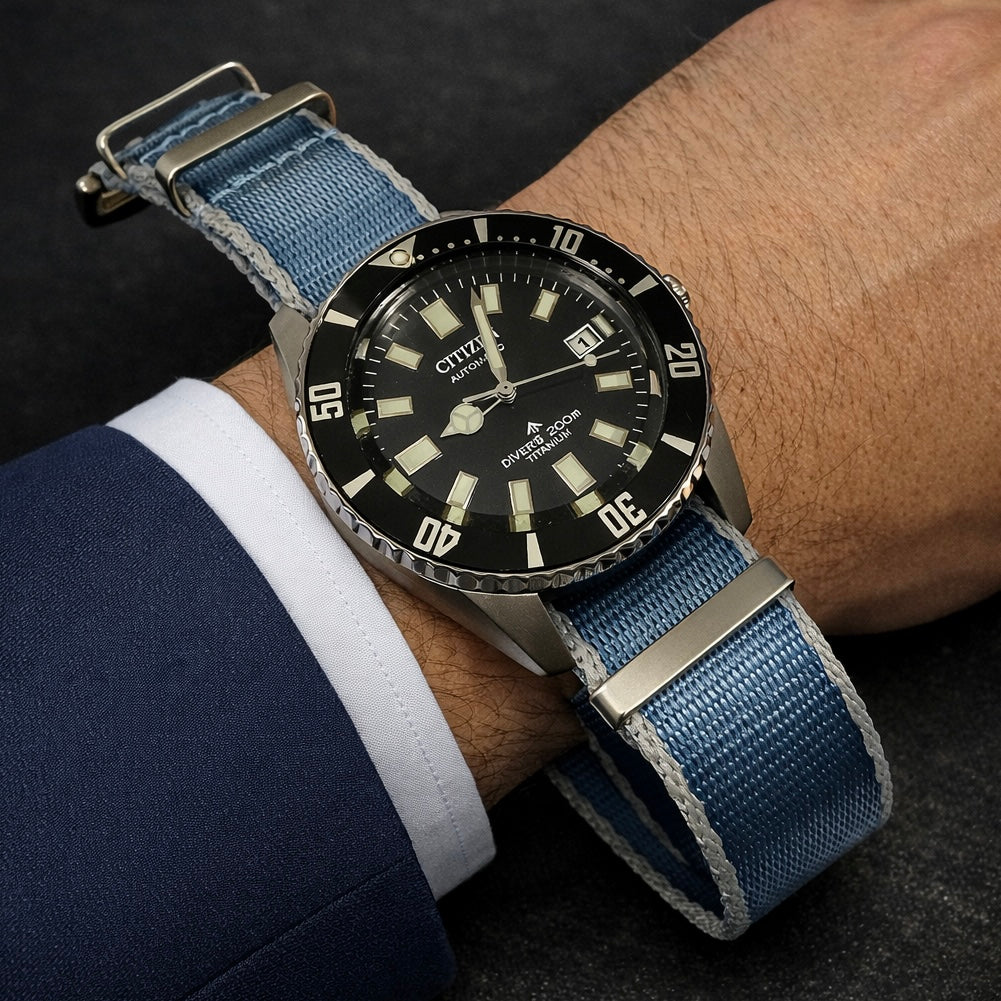 Cinturino per Orologio NATO Nylon Grigio chiaro / Blu / Fibbia satinata - Uomo