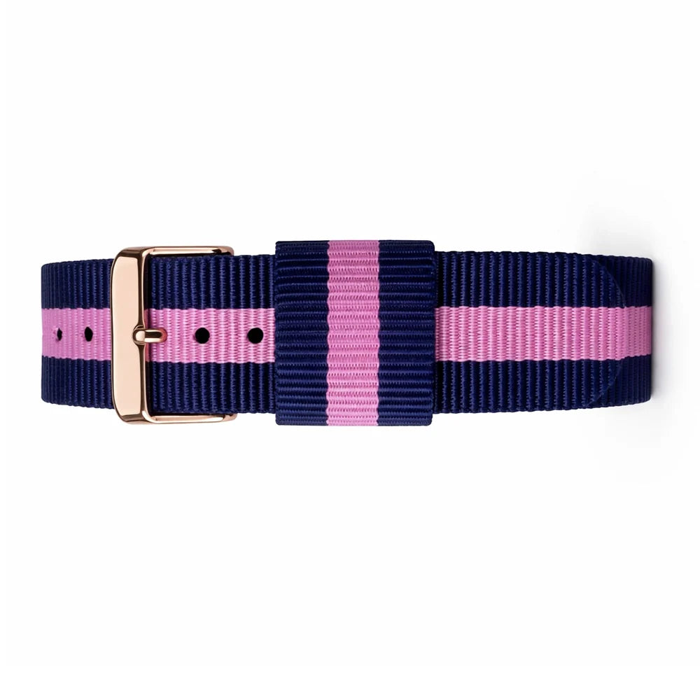 Masar Bracelet Montre NATO Nylon Bleu- Rose-Winchester Boucle Doré Or Rose – Femme
