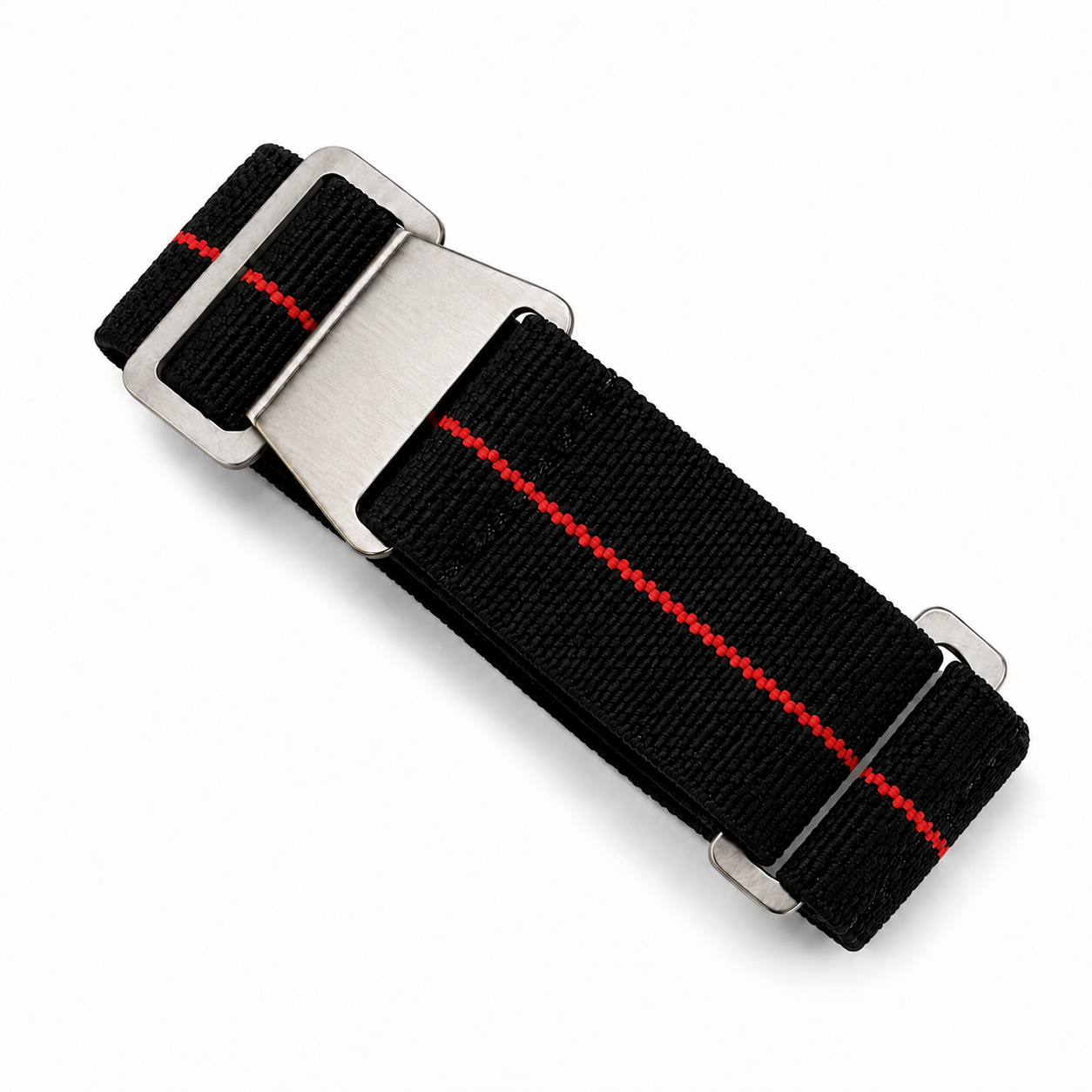 PLD Fallschirm-Uhrenarmband in Grau mit orangefarbenem Mittelstreifen aus elastischem Nylon und gebürsteter Edelstahlschließe für Militär- und Taucheruhren.