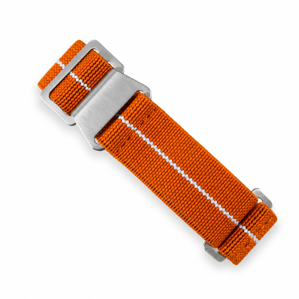 PLD parachute horlogeband in oranje met witte middenstreep van elastisch nylon en roestvrijstalen gesp voor militaire horloges, duikhorloges en vintage horloges.