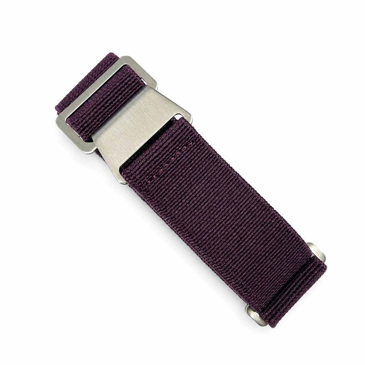 Purple PLD parachute watch strap in elastic nylon with brushed stainless steel buckle for vintage men's watches, military watches and dive watches.
