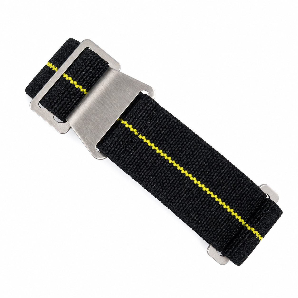 Black PLD parachute watch strap with yellow center stripe, elastic nylon construction and brushed stainless steel buckle for military and diving watches.
