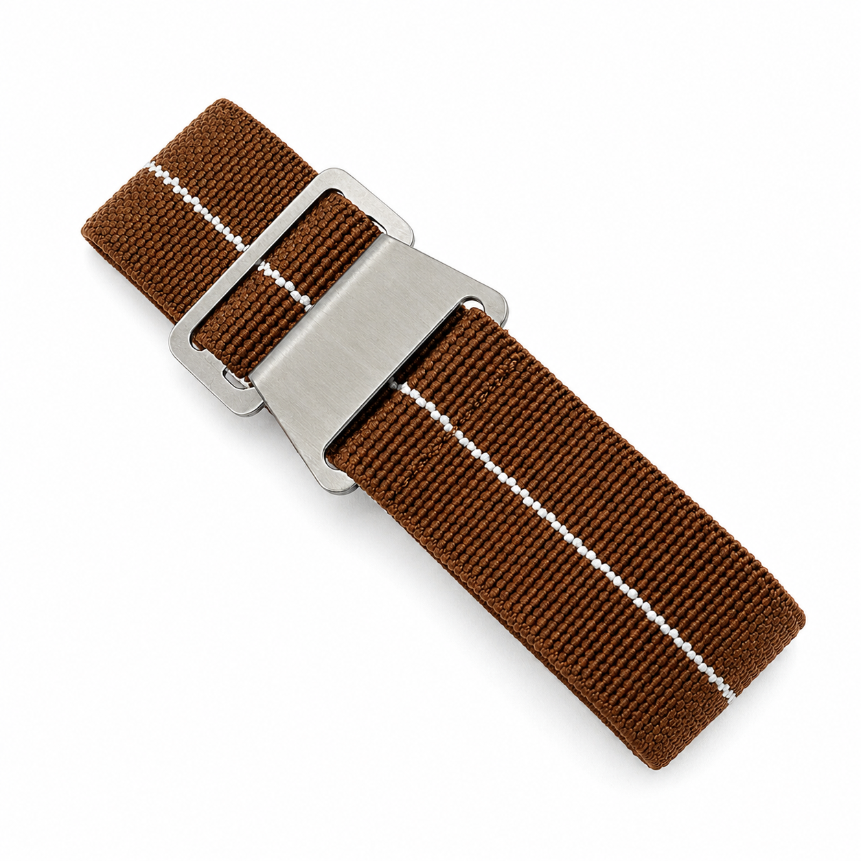 Brown PLD parachute watch strap with white center stripe, elastic nylon construction and brushed stainless steel buckle for vintage men's watches, military watches and dive watches.