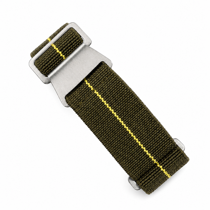Green and yellow PLD parachute watch strap in elastic nylon with brushed stainless steel buckle, ideal for Tudor-style vintage men's watches, military watches and dive watches.