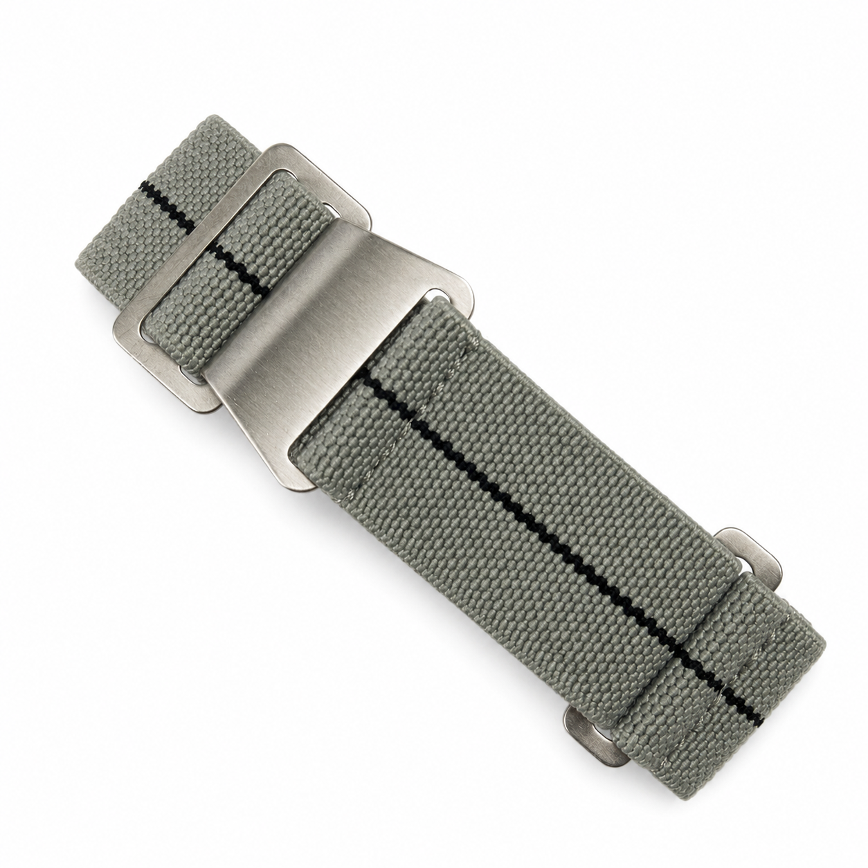 Grey PLD parachute watch strap with black center stripe, elastic nylon construction and brushed stainless steel buckle for military and diving watches.