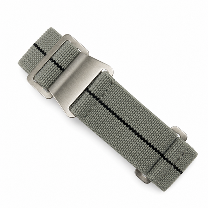 Grey PLD parachute watch strap with black center stripe, elastic nylon construction and brushed stainless steel buckle for military and diving watches.