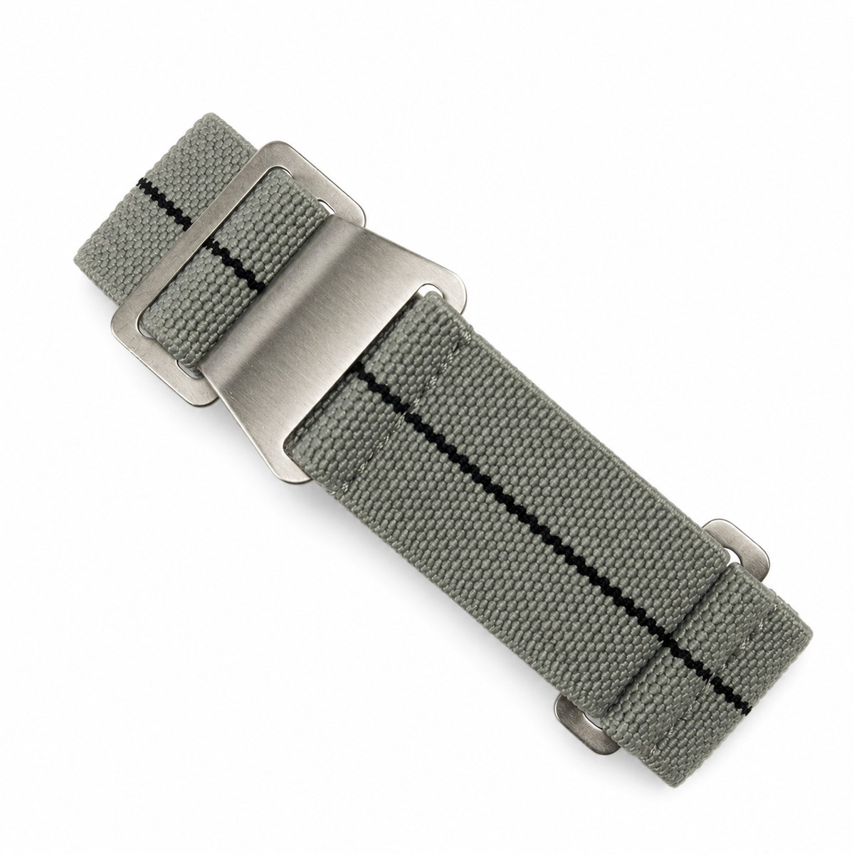 Grey PLD parachute watch strap with black center stripe, elastic nylon construction and brushed stainless steel buckle for military and diving watches.