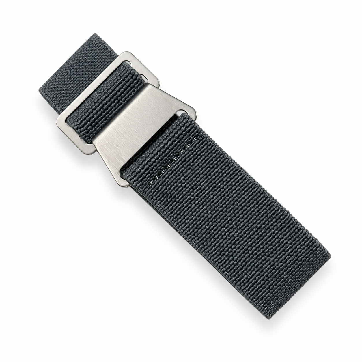 Grey PLD parachute watch strap in elastic nylon with brushed stainless steel buckle for vintage men's watches, military watches, dive watches and tool watches.