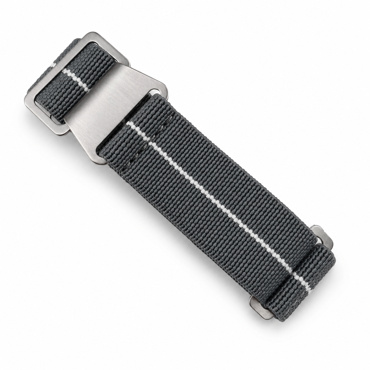 Grey and white PLD parachute watch strap in elastic nylon with brushed stainless steel buckle for military, diving and vintage watches.