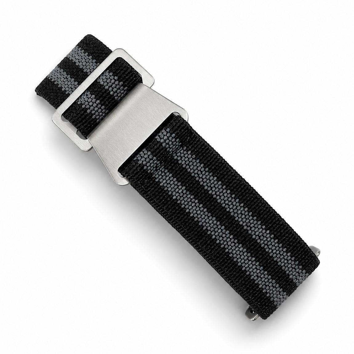 James Bond grey and black PLD parachute watch strap with brushed stainless steel buckle for military and diving watches.