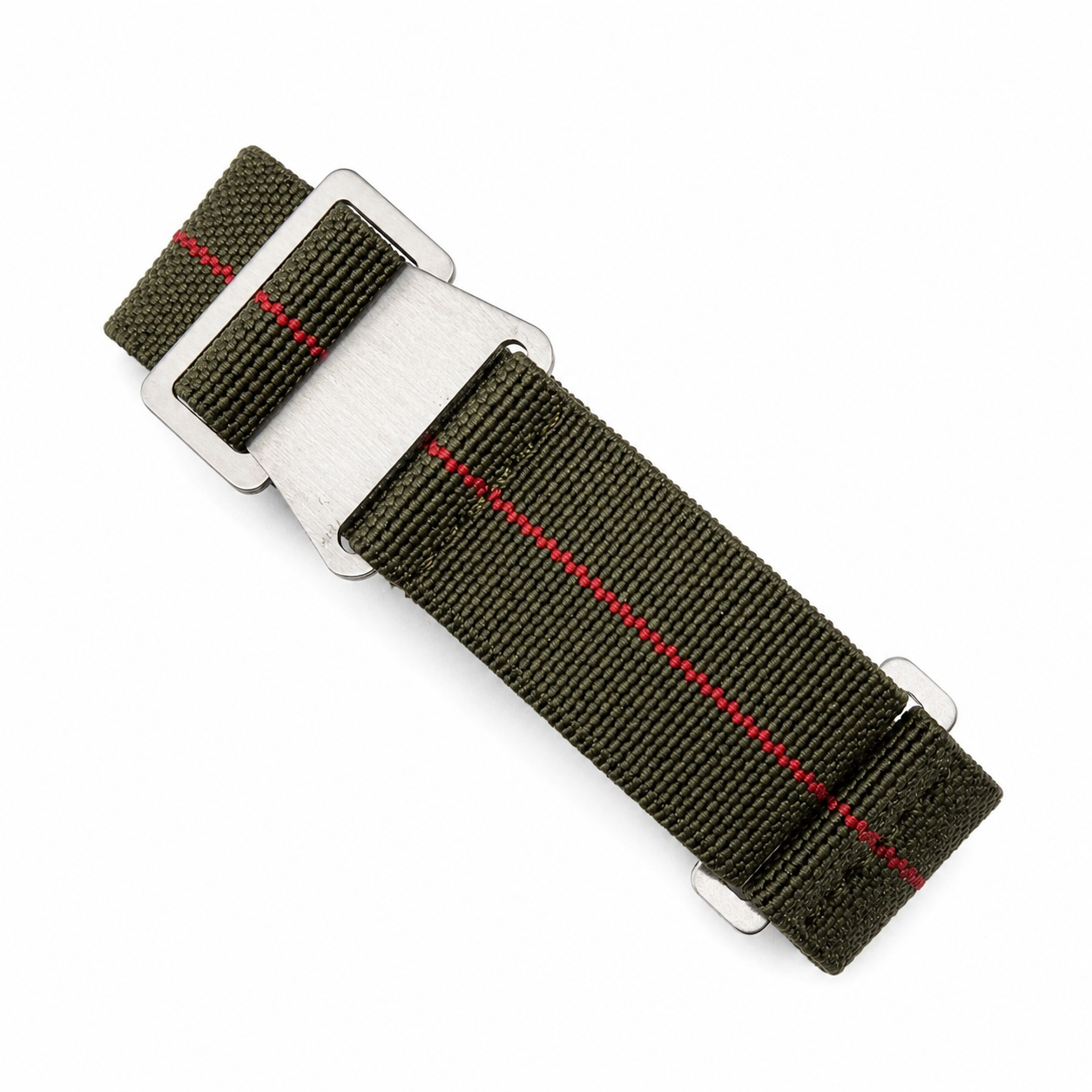 Khaki green PLD parachute watch strap with red center stripe in elastic nylon and brushed stainless steel buckle, ideal for Tudor Black Bay watches.