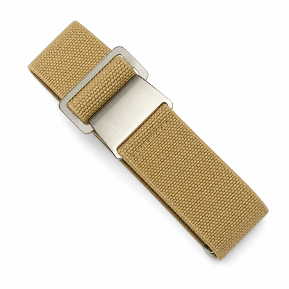 Khaki and sand PLD parachute watch strap in elastic nylon with brushed stainless steel buckle for military, field and diving watches.