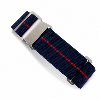 Navy blue and red PLD parachute watch strap in elastic nylon with brushed stainless steel buckle for military, diving and vintage watches.