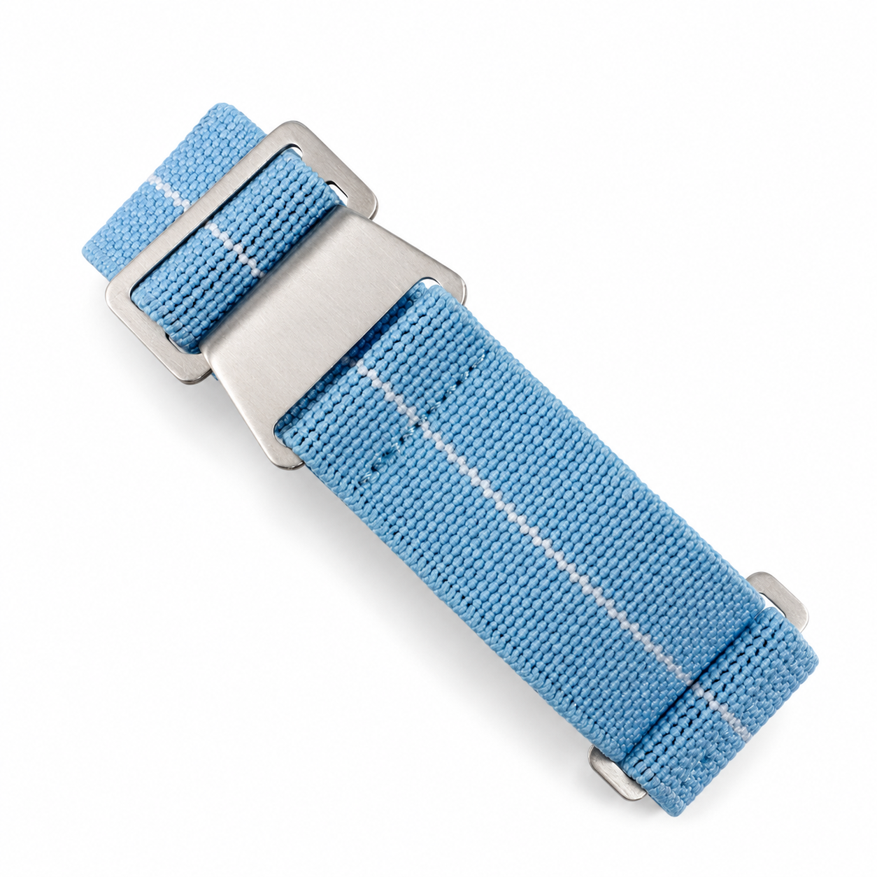 Purple PLD parachute watch strap with white center stripe, elastic nylon construction and brushed stainless steel buckle for vintage men's watches, military watches and dive watches.