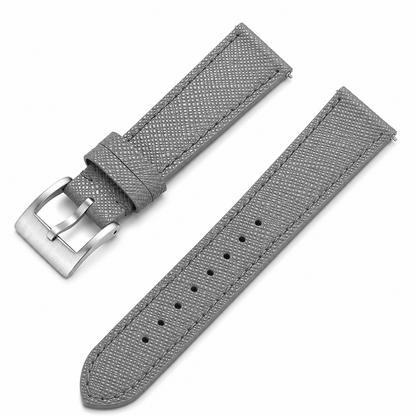 Graues Uhrenarmband aus echtem Saffiano-Leder mit Edelstahlschließe und Schnellwechselsystem. Kompatibel mit Damen- und Herrenuhren.