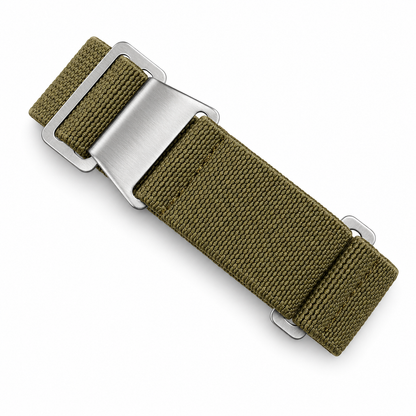 Sangle bracelet parachute PLD kaki avec boucle en acier inoxydable brossé pour montre militaire, de plongée et d'aventure.