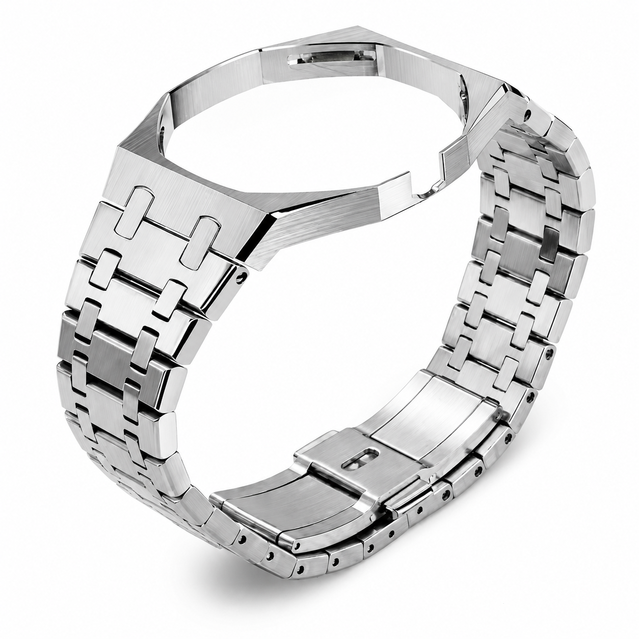 Bracelet de montre en acier brossé compatible avec Swatch Royal Pop x AP Savonnette, présenté sur fond blanc.