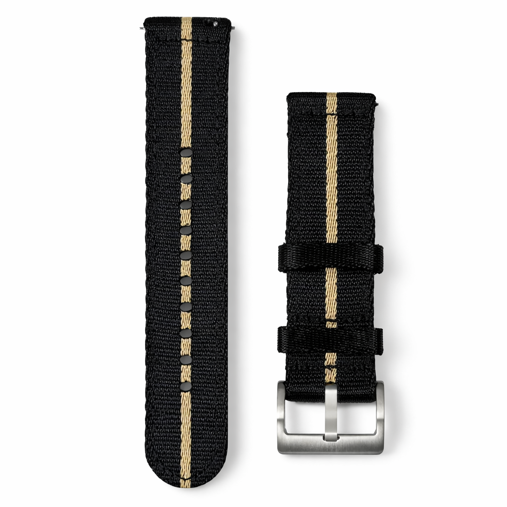 Cinturino per orologio in nylon nero/khaki - Sgancio rapido - Universale