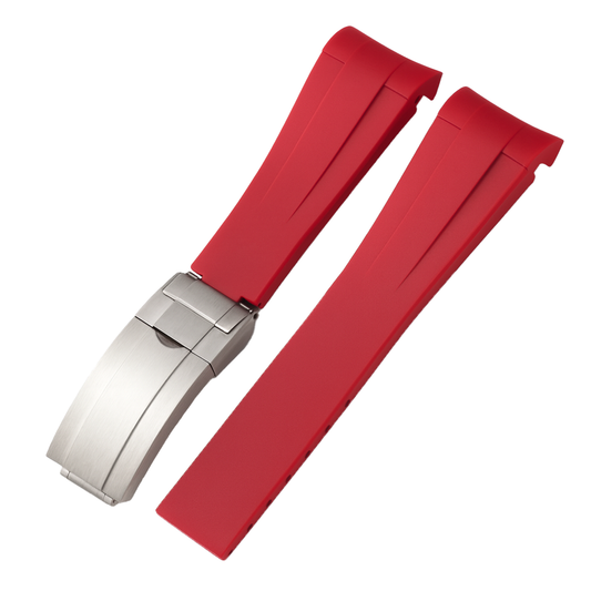 Rubber Watch Strap for Rolex - Red - Brushed Steel Deployment Buckle