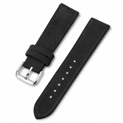 Premium black suede watch strap with stainless steel buckle on white background