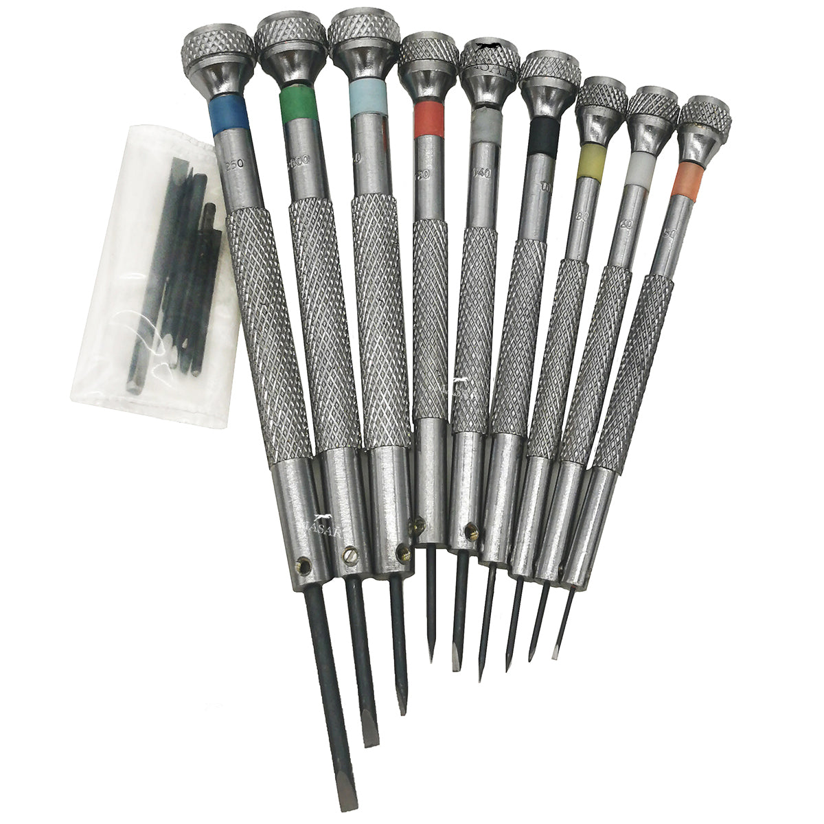 Kit - 9 Tournevis plat avec Support rotatif - Lames de rechange incluses