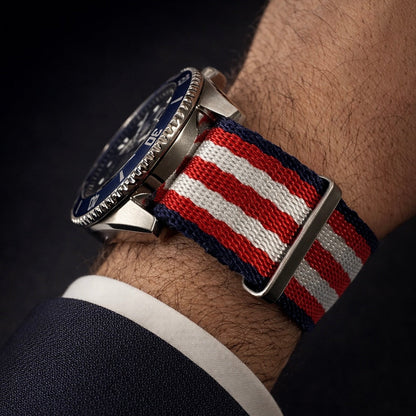 Bracelet Montre Nato Nylon Bleu/Blanc/Rouge - Boucle Acier Brossé -  Homme