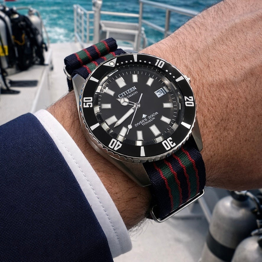Masar Bracelet Montre Nato James Bond Noir Rouge Vert - Nylon doux tressé