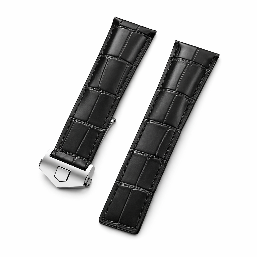 Bracelet Montre Cuir façon Alligator - Noir - Boucle Déployante - Universel