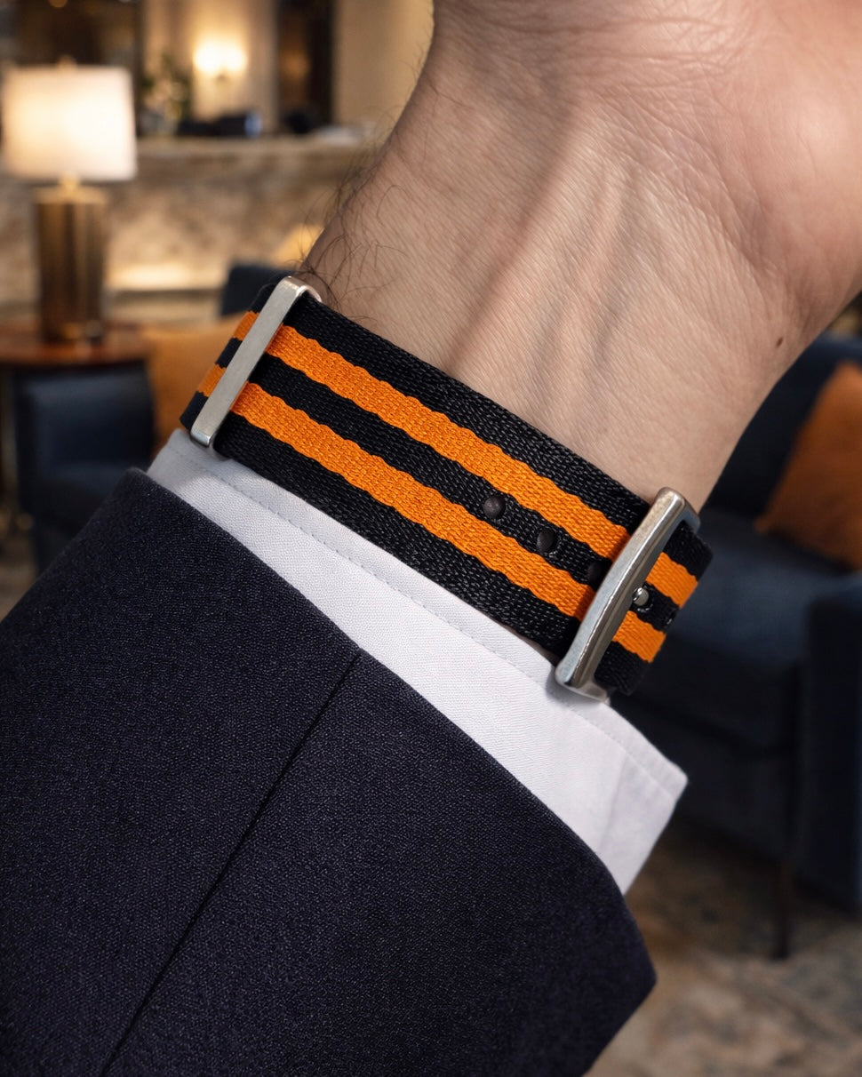 Masar Bracelet Montre Nato Noir et 2 Bandes Orange - Nylon doux tressé