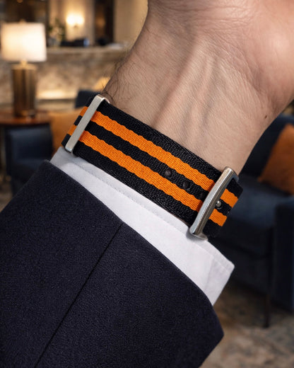 Masar Bracelet Montre Nato Noir et 2 Bandes Orange - Nylon doux tressé