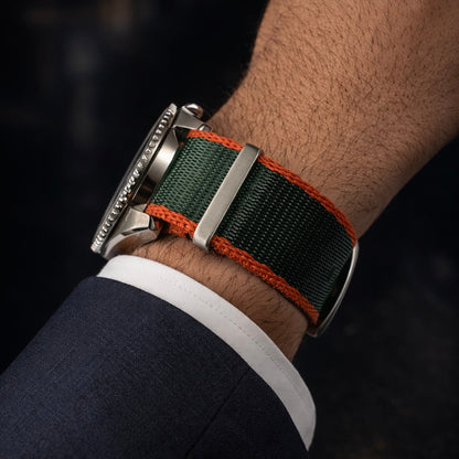 Cinturino per orologio NATO in Nylon Verde / Rosso-Arancio – Fibbia Satinata - Uomo