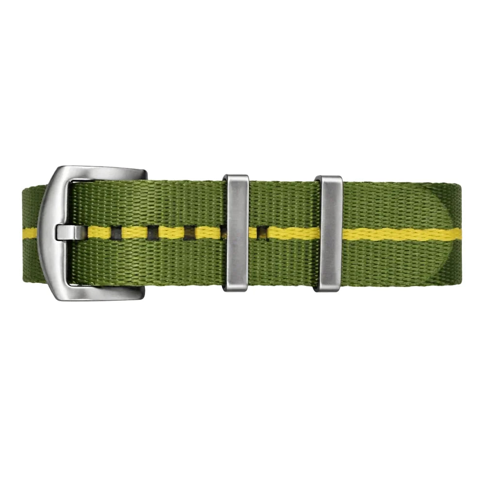 Cinturino per orologio NATO in nylon verde/giallo – Fibbia in acciaio spazzolato – Uomo