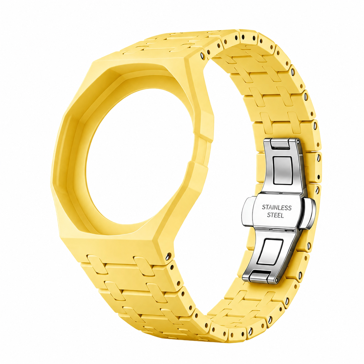 Gelbes Resin-Uhrenarmband kompatibel mit Swatch Royal Pop x AP Savonnette mit Krone bei 3 Uhr.