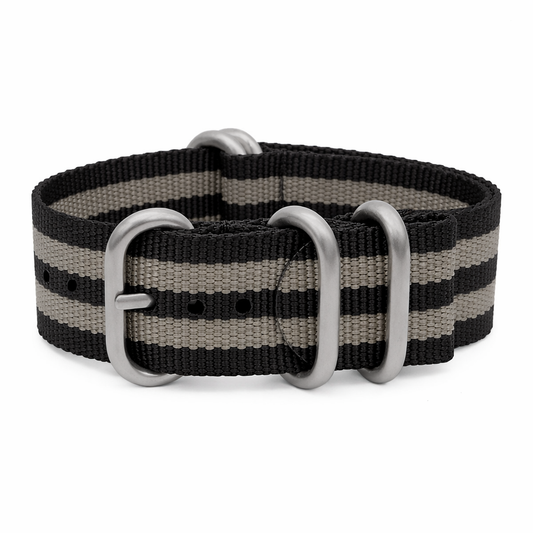 Bracelet Nylon ZULU Nato 22mm Noir Bande Grise - Boucle Noir - Homme