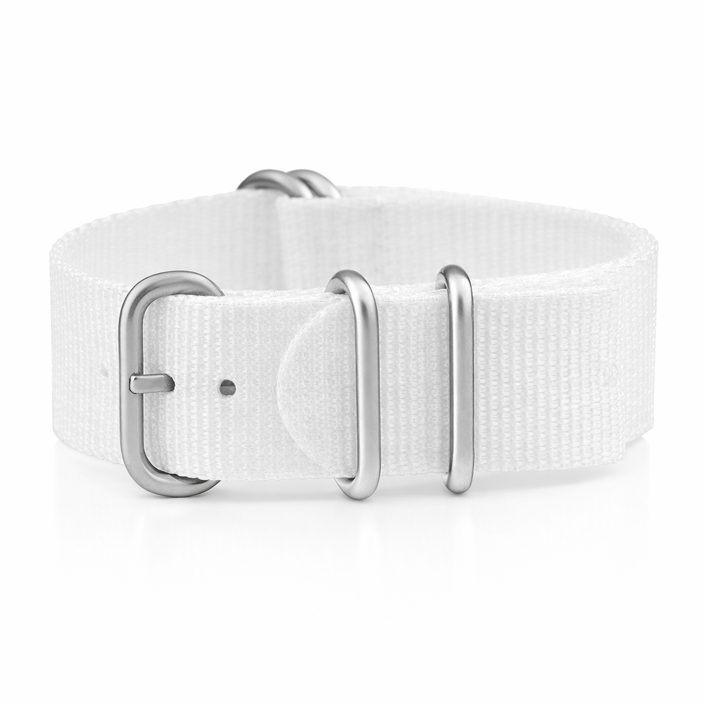 ZULU Nylon Watch Strap - White - Satin Buckle - Men's - Stiff and Thick 2mm